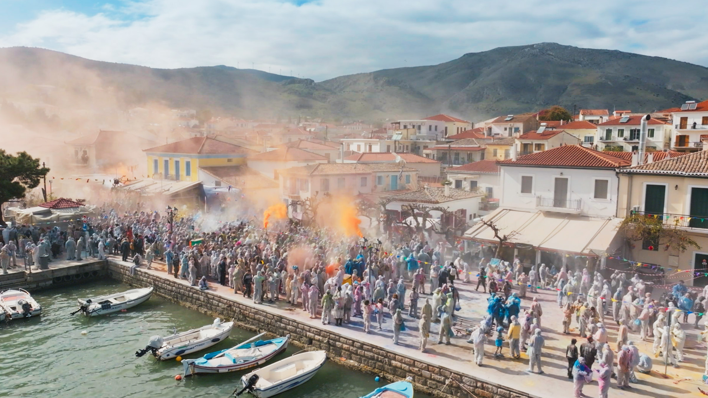 Aerial of flour war on quayside in Galaxidi. [Photo of the day - April 2026]